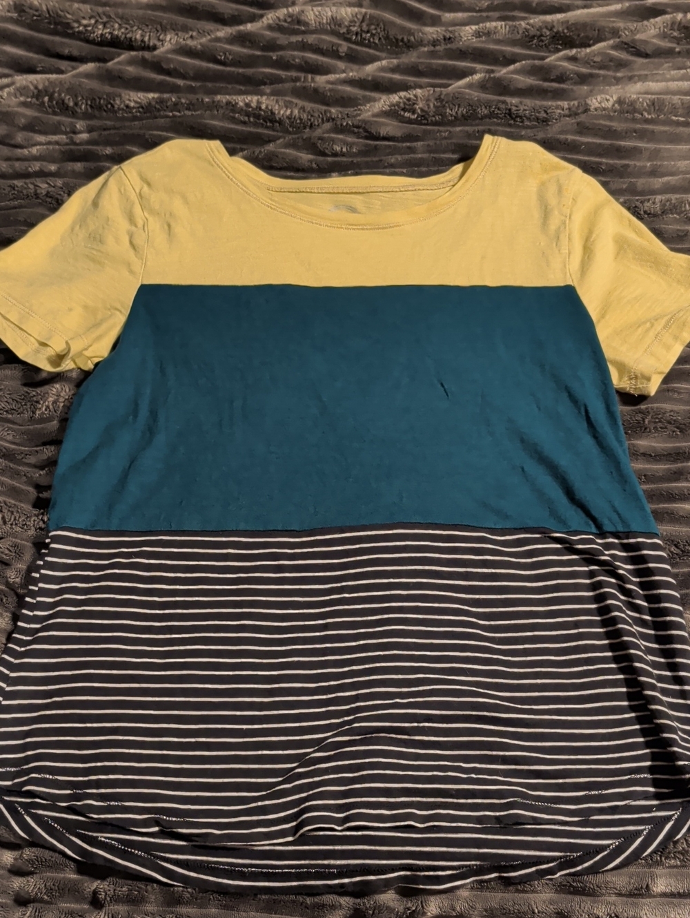Women's Colorblock Short Sleeve Tee - Yellow, Teal & Black Stripe